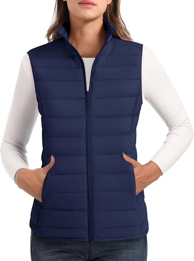 MAGCOMSEN Women's Puffer Vest Lightweight Stand Collar Zip 4 Pockets Puffy Vests Sleeveless Quilted Padded Outerwear