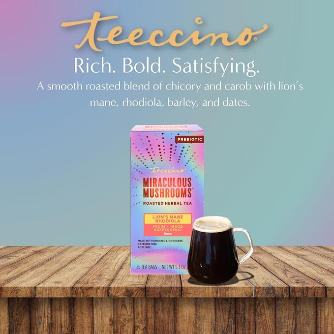 Teeccino Lion’s Mane Rhodiola Rose Mushroom Adaptogen Herbal Tea - Caffeine-Free, 3x More Herbs than Regular Tea Bags, Lightly Sweet from Dates & Figs, Prebiotic - 25 Tea Bags