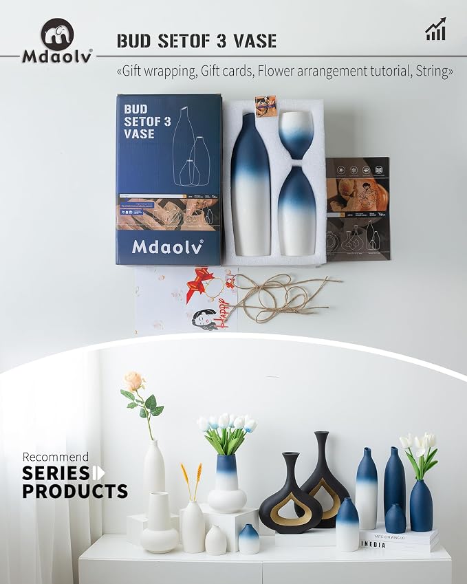 Mdaolv Blue and White Vase Set Navy Blue Decor Coastal Decor Vases for Kitchen Island Living Room Office Table Fireplace Mantle Decorations & Bathroom Shelf Decor Centerpiece Table Decorations Ceramic