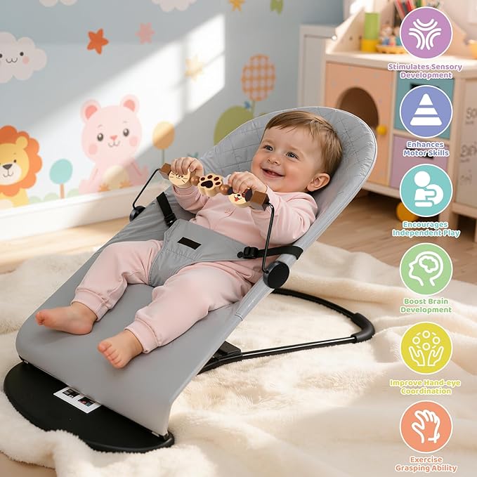 Toy Bar for Baby Bjorn Bouncer - Durable Wooden Sensory Toy Attachment with 360° Rotating Toys, Easy to Install & Remove, Natural Wood Color for Baby Bouncer Bliss & Soft Models