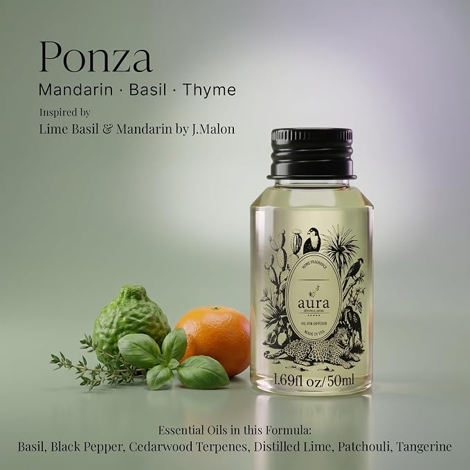 A U R A - Ponza Fragrance Oil for Waterless Scent Diffuser - Inspired by J. Malone Lime Basil Mandarin | 1.7 fl oz / 50 ml Pure Essential Oil Blend for Aromatherapy & Hotel Collection Diffuser