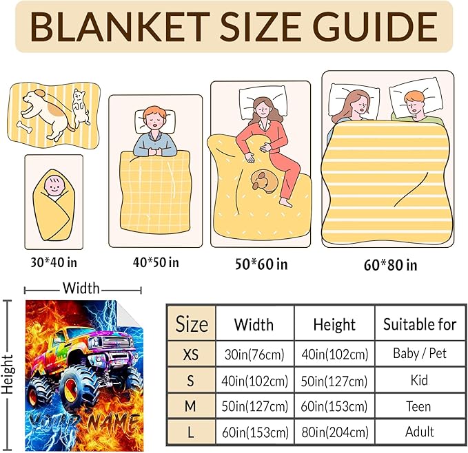 Trucks Blanket for Boys Personalized Car Throw Blankets Gift for Kids Truck Lovers, 50x60 Inches All Season Lightweight Comfy Custom Throw for Sofa Chair Bed Office Home Decor