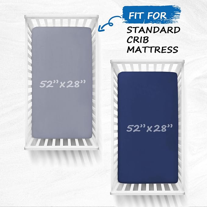 Crib Sheets Boy Girl, 2 Pack Baby Crib Sheets for Standard Crib Mattress & Toddler Bed Mattress, Snug Fit Breathable Soft Fitted Crib Sheet, Grey & Navy