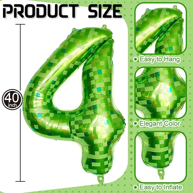 Number 4th Birthday Balloon Lime Green Pixel, 40 Inch Large Dark Kelly Green Number 4 Foil Balloons for Boys Four Year Old Birthday Video Game Forest Golf Theme St. Patrick's Day Party Decorations