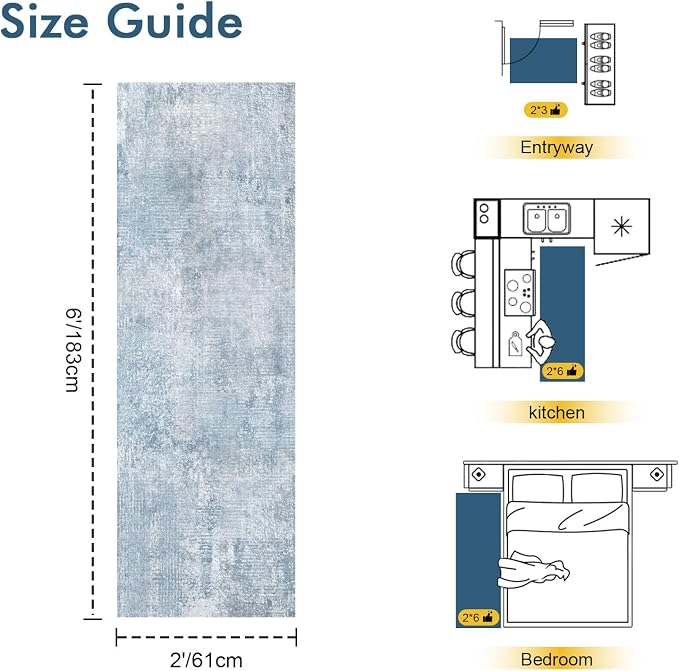 2x6 Ft Washable Runner Rug, Non-Slip Low Pile Hallway Kitchen Area Rug, Soft Long Entryway Floor Mat Abstract Pattern Carpet for Bedside & High-Traffic Areas (Blue)