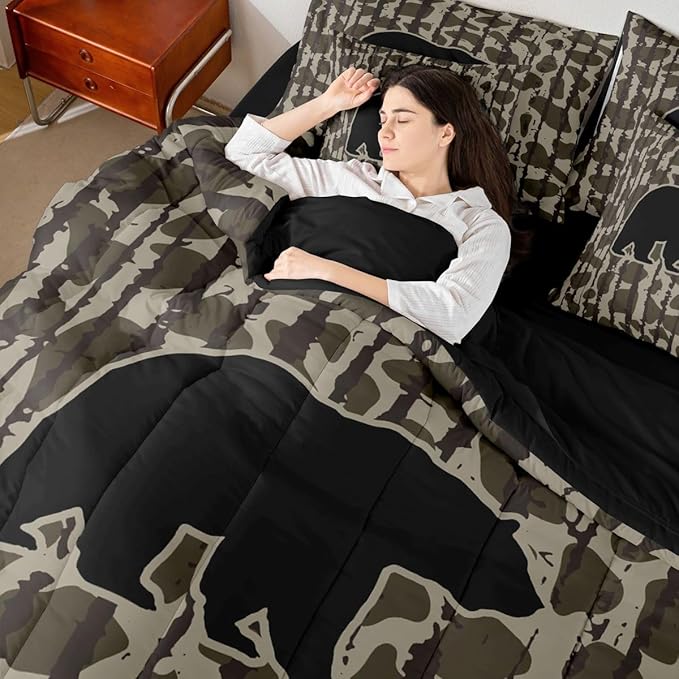 Feelyou Camouflage Camo Bear Comforter Set with Sheets 7 Piece Twin Size Cute Hunting Wild Animal Deer Bedding Set for Kids Boys Girls Rustic Farmhouse Bed in a Bag Decor Soft Lightweight Microfiber