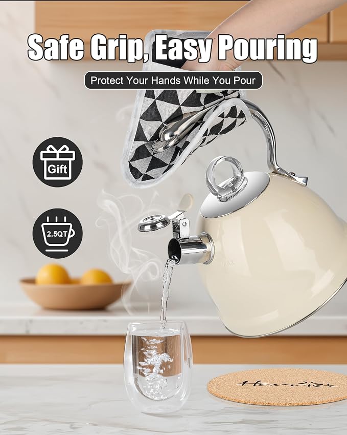 Harriet Tea Kettle Stovetop, 2.5 Quart Whistling Stainless Steel Tea Pot, 3-Layer Base, Unique Ergonomic Handle, Includes Pot Holder & Mat, Electric/Induction/Gas Stovetops Applicable, Beige White