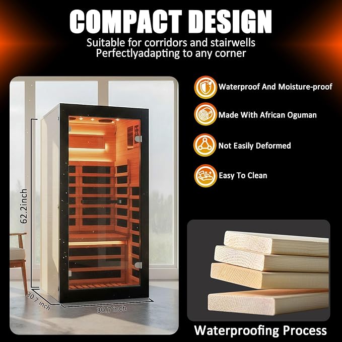 Sauna Far Infrared Saunas 1 Person Low EMF Indoor Personal Sauna | Dry Sauna Room with Starry Lights Ceiling Speakers for Home Gym Spa Fast Heating Easy Assembly 30.7x 30.7x62.2"