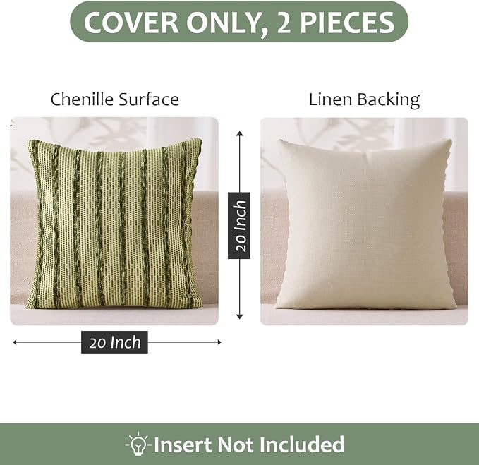 ANRODUO Boho Decorative Pillow Covers Olive Stripe 20x20 Inch Set of 2 | Woven Chenille Decorative Cushion Case with Striped Farmhouse Accent Neutral Pillowcase for Couch Sofa Bed Living, Room Decor