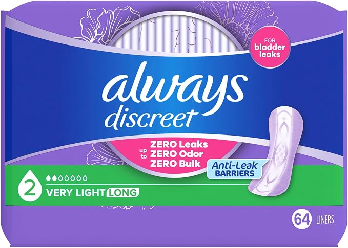 Always Discreet Incontinence Panty Liners for Women with Bladder Leaks, Size 2, Very Light Absorbency, Long Length, Up to 100% Bladder Leak Protection 64 CT