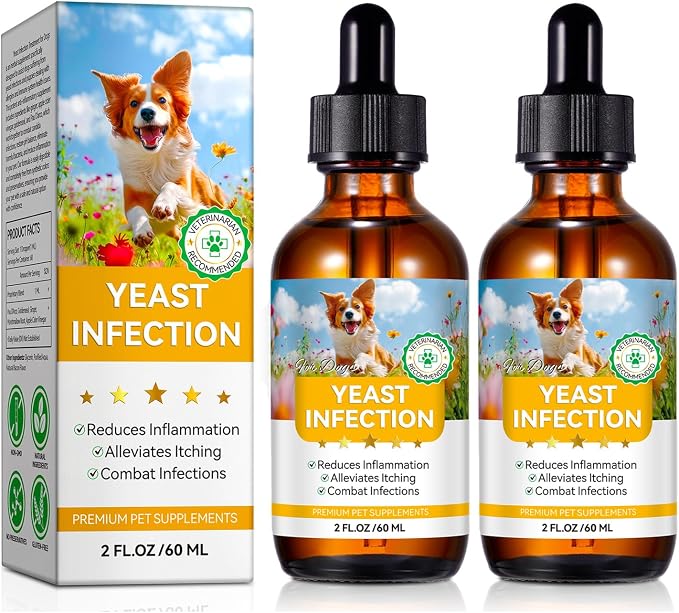 Dog Yeast Infection Treatment for Dogs, Natural Anti Yeast Drops for Itchy Skin & Ears | Allergy & Inflammation Relief | with Multivitamins Probiotics | 60ml, 2-Pack