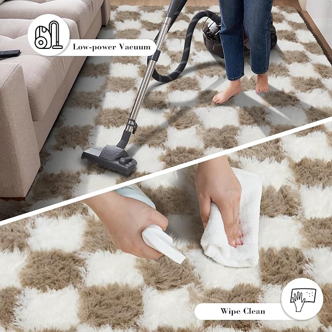 Checkered Rug for Bedroom, 4x6 Beige and White Area Rugs, Classic Checkered Carpets Shag Area Rug, Bedside Rugs for Living Room Bedroom Room Home Decor