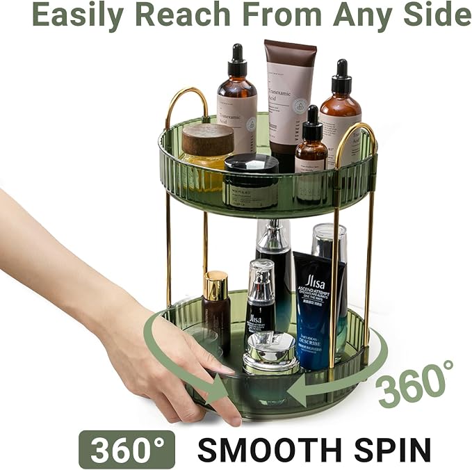 Asayuee 360 Rotating Makeup Organizer for Vanity,2 Tier Large Capacity Skincare Organizers,Bathroom Counter Organizer, Spinning Perfume Organizer & Vanity Organizer (Green-2 Tier)