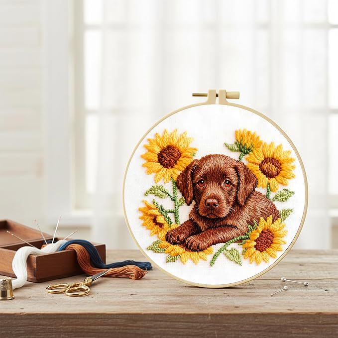 Embroidery Kit for Beginners Adults Labrador 11.4 * 11.4inch Stamped Cross Stitch Kits Needlepoint Starter Set with Embroidery Hoop, Color Threads, Needles and Instructions, Stitches Kit