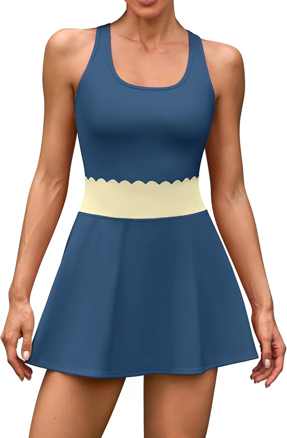 ATTRACO Tennis Outfits for Women Racerback Golf Dress Workout Dress | Athletic Skirt Set, Built-in Shorts, 2 Pockets, Scalloped, Racerback, High Waisted, Pickleball, Workout Set