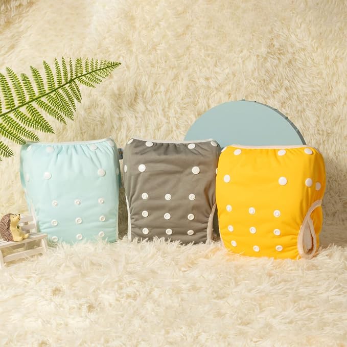 Babygoal Neutral Swim Diapers 3 Pack for 8M-3T Babies and Toddlers, Reusable Adjustable Washable for Baby Girl and Boy Swimming Lessons-Blue,Yellow,Grey