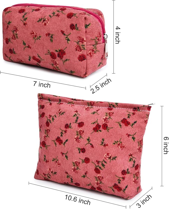 SOIDRAM 2 Pieces Rose Makeup Bag Large Cosmetic Bag Capacity Canvas Mix Travel Toiletry Bag Organizer Cute Makeup Brushes Aesthetic Accessories Storage Bag for Women, Rose Mix Green Red