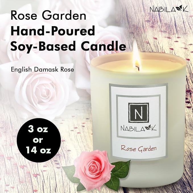 Nabila K – Rose Garden - Soy-Based Candle – Fresh English Damask Roses - Hand-Poured - Cotton Wick - Aromatherapy Candle w/Essential Oils - Made in USA - 3 oz