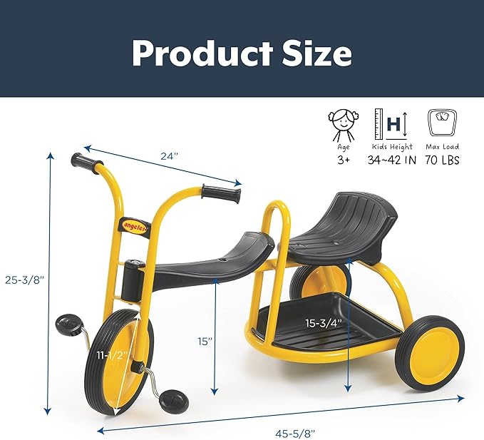 MYRIDER Toddler Trike, Kids Tricycle for Preschool, Daycare, Playground Kids Tricycles, Rubber Tires, Yellow/Black, 12" Tandem