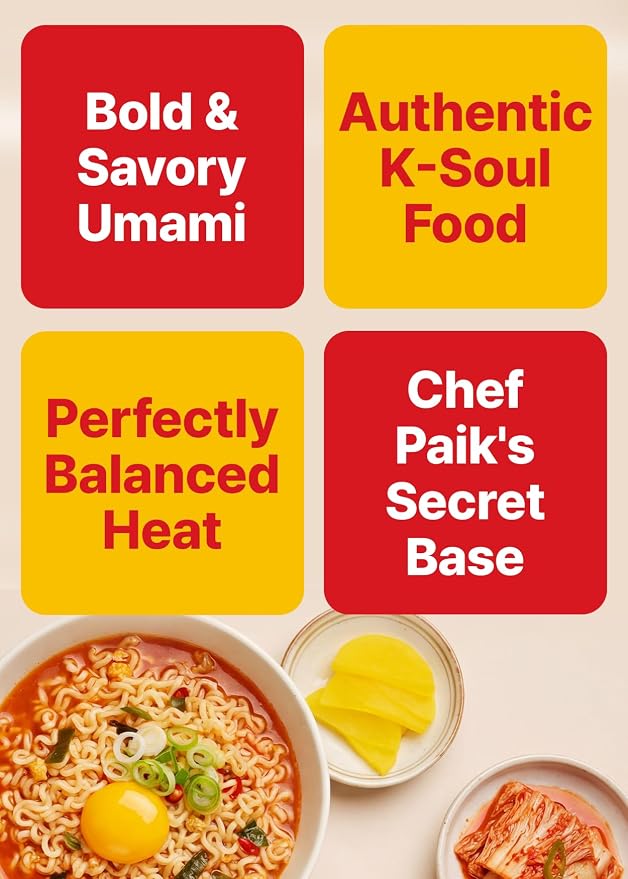 TBK THEBORN Paik Ramyun, Korean Spicy Ramen Noodle Soup 115g x 4 Packs | Spicy Korean noodle soup with a rich savory broth for quick meals at home, work, school or while traveling