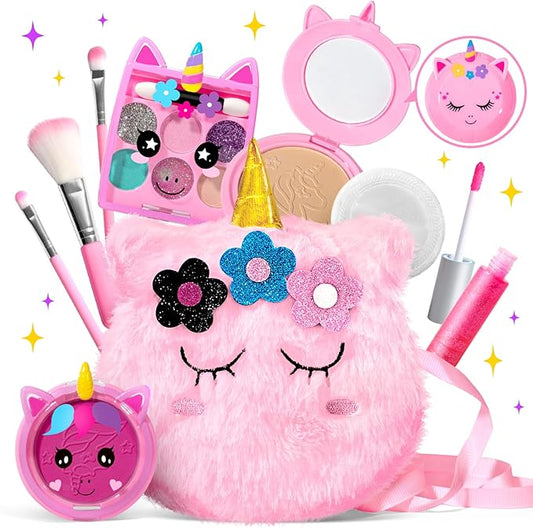 ULOVEME Kids Washable Makeup Kit for Girls 4-6 with Small Coin Purse(5.5x5.25in) - Real, Non Toxic Make Up Toy Gift- Umicorn Gift Set (Pink Coin Purse)