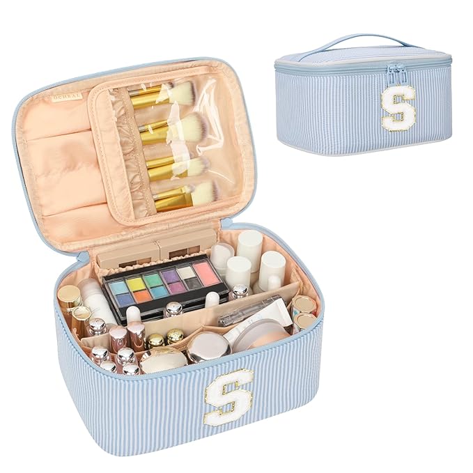 OCHEAL Makeup Bag Valentines Day Gifts for Women, Monogram Cosmetic Bag Blue Travel Makeup Case Beauty Toiletry Bag Organizer Personalized Gifts for Girls Bridesmaid, Sister, Wife, Friends Initial S