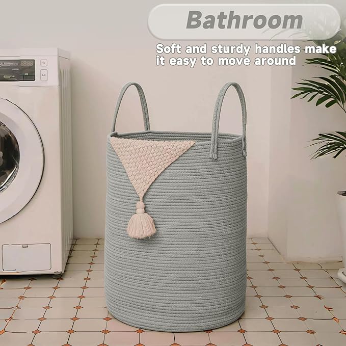 JMvicyroam 100L Cotton Rope Laundry Basket Hamper, Grey | Collapsible laundry basket, reinforced handles, freestanding, machine washable, holds 3-5 thick blankets, clothes or toys