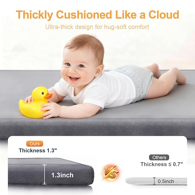 Ultra Soft Play Mat for Floor, 59"×71" Playpen Mat, 1.3" Thick Memory Foam, Non-Slip Tummy Time Mat for Infants, Toddlers, and Kids – Water-Repellent Coral Velvet, Easy Care
