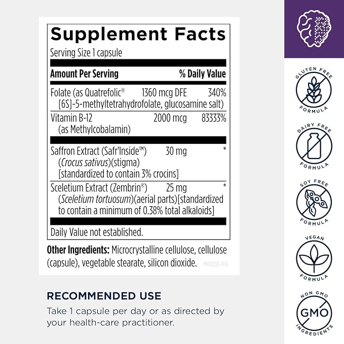 Designs for Health Mood-Stasis - Fast-Acting Ingredients for Stress & Calm Mood Support with Vitamin B12, Methylated Folate, and Saffron + Sceletium Botanicals - Gluten Free, Vegan (30 Capsules)
