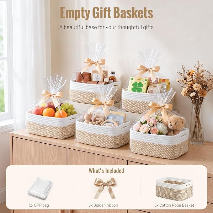 5 Pack Small Woven Storage Baskets for Shelves, Gift Baskets Empty | 11.8"x7.9"x4.7", Decorative Cotton Rope Baskets Organizer, Storage Bins for Organizing Bathroom, Closet, Nursery, Khaki/White