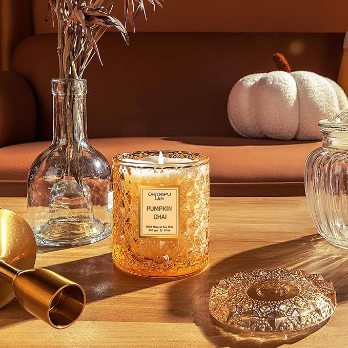 Pumpkin Chai Candles Halloween Candle Gift, Farmhouse Candles for Home, Luxury Scented Soy Jar Fall Candle with up to 55 Hour Long Lasting, Home Decor, Barn Fall Decor Pottery, 8.1oz