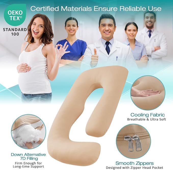 Sasttie Pregnancy Pillows for Sleeping, U Shaped Cooling Full Body Pillow with Removable Cover, Pregnant Women Must Haves, Maternity Essential, Beige