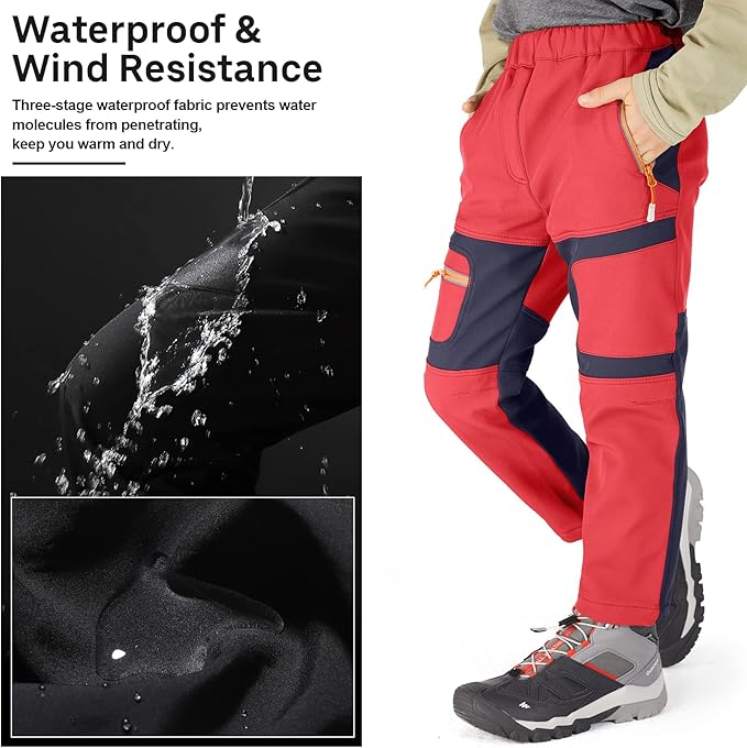 linlon Kids Boy's Snow Waterproof Pants Youth Fleece Lind Hiking Softshell Warm Insulated Trousers