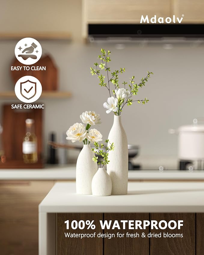 Matte Clay Flower Vase Set of 3 Minimalist Nordic Modern Decorative Ceramic Vases for Home Table Decor, Fireplace Mantel Shelf Entry Way Console Kitchen Island Dining Table Centerpiece (Cream White)