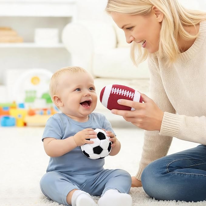 Baby Ball Toys 0-6 Months, Newborn Plush Rattle 3pcs Football Basketball Soccer Sports Set-Sensory Toys with Rattles for 0 3 6 9 12 Months Infant Boys Girls Birthday or Shower Gifts