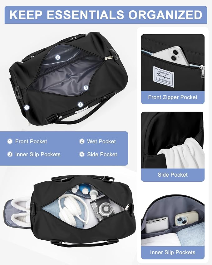 Gym Bag Womens Mens with Shoes Compartment Travel Duffel Bag for Women for Plane Sport Gym Tote Bags Swimming Yoga Weekend Overnight Carry on Bag Hospital Holdalls 4Pcs Set Black