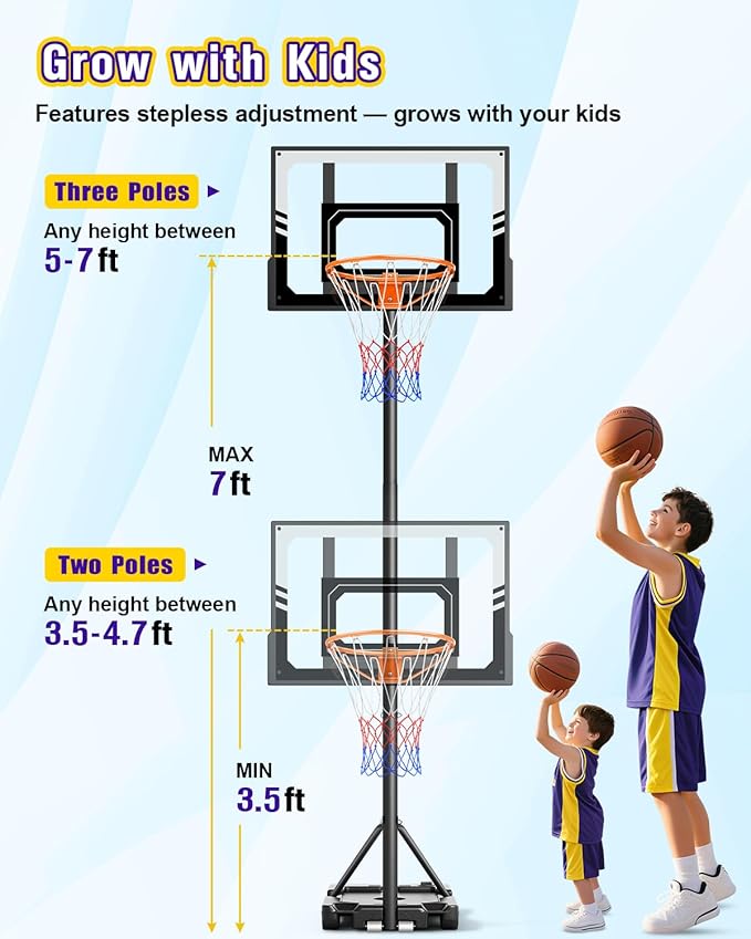 TONBUX Kids Basketball Hoop Outdoor, 3.5-7ft Stepless Adjustable Height, Portable Basketball Hoop for Kids in Backyard, Driveway and Indoor, Shatterproof PC Backboard
