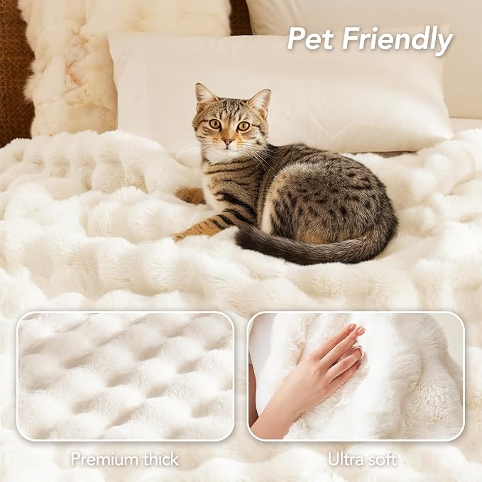 L'AGRATY Faux Rabbit Fur Throw Blanket for Couch, 50'' x 60'', Cream White | Soft Cozy Bubble Fluffy Blanket for Sofa Bed, Thick Warm Plush Fuzzy Throw for Room Home Decor, Luxury Gift for Women Mom