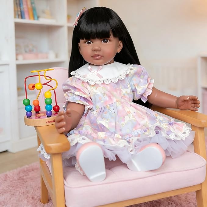 Pinky 24 inch Black Indian Reborn Baby Dolls Girl Soft Vinyl Realistic Look African American Newborn Doll Toddler Doll Toy for Kids 3+