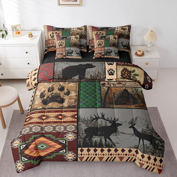 Feelyou Rustic Cabin Bear Deer Comforter Set with Sheets 7 Piece King Size Wild Animal Bedding Set for Kids Boys Girls Hunting Theme Bed in a Bag Western Farmhouse Room Decor Soft Microfiber