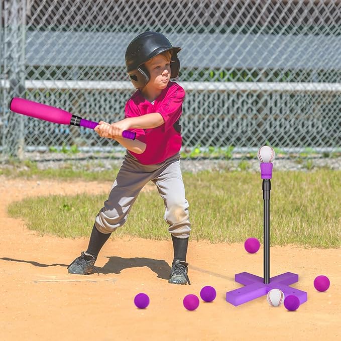 CeleMoon Adjustable TEE Foam T Ball Sets for Kids 3-5 Baseball Softball Bat Set Teeball Batting, 8 Balls Included for Toddlers Boys Girls Gift 3-5 5-8 Years Indoor Outdoor Sport Playing Toys