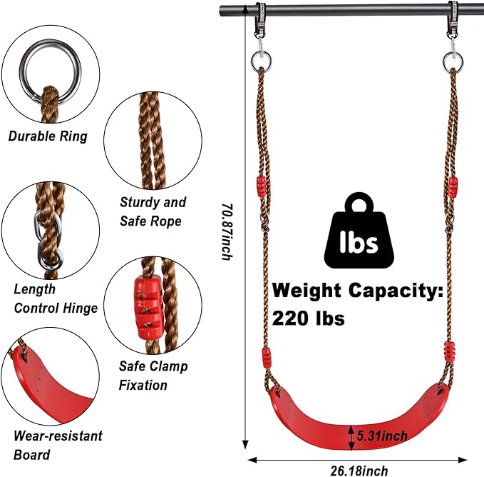 GOLDGE 3pcs Kids Outdoor Swing Set with Adjustable Ropes, Disc & Ring Hangers, Trapeze Bar, U-Board Seat and Monkey Bars with EVA Soft Disc for Backyard Play
