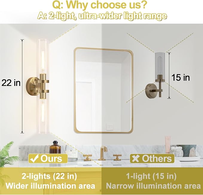 Wall Sconces Set of Two, Hardwired Brass Bathroom Sconces Wall Lighting with Clear Glass, Modern Sconces Wall Decor Set of 2 Vanity Light fixtures for Bathroom Mirror Bedroom (Bulbs Not Included)