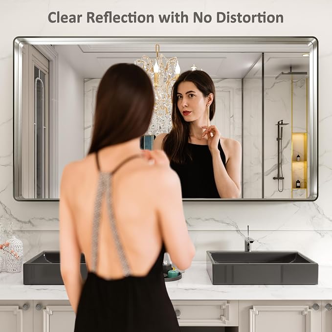 LOAAO 72X36 Inch Brushed Nickel Bathroom Mirror, Rounded Rectangle Silver Metal Frame Mirror, Brushed Nickel, Anti-Rust, Shatter Proof, Hangs Horizontally or Vertically | Rounded Rectangle, Silver Metal Frame, Anti-Rust, Tempered Glass, Hangs Horizonta...