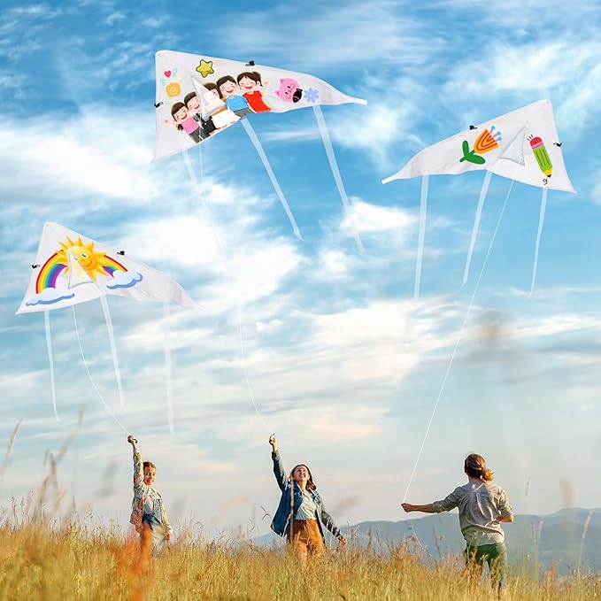 Syhood 50 Pcs DIY Kites for Kids Making Kit 20 Inch Summer Decorating Coloring Kites with Watercolor Pens and String Making Craft Kits for Outdoor Game and Activities