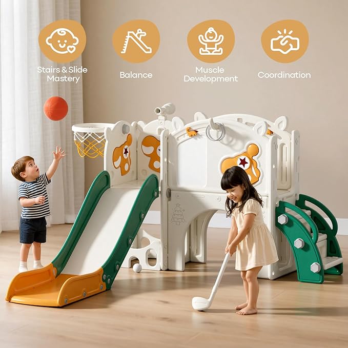 Mloong Toddler Slide for Kids - 10 in 1 Kids Slide for Toddlers Baby 1-3 Years Old, Indoor and Outdoor with Basketball Hoop Golf Drawing Set, Easy Assembly Elk Theme (Green)(54×62×39in)
