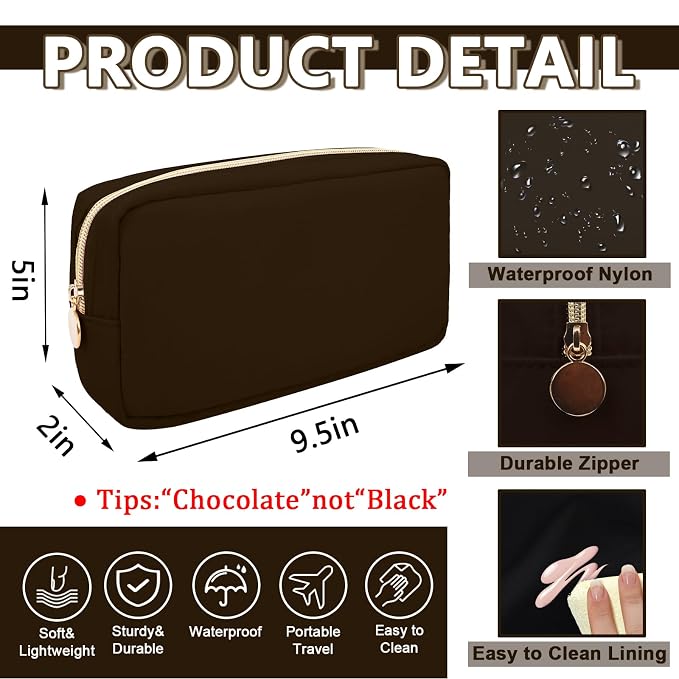 UIXIZQ Small Makeup Pouch for Purse, Nylon Travel Toiletry Storage Pouch Cute Preppy Cosmetic Bag for Women Girls, Waterproof Makeup Organizer Skincare Bag Purse with Zipper (Small-Chocolate)