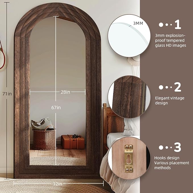 ZHUNFA Arched Full Length Mirror with Solid Wood Frame | 71x32 Farmhouse Wall Mounted Floor Mirror with Stand, Vertical Hanging, Leaning Standing for Bedroom, Living Room, Brown