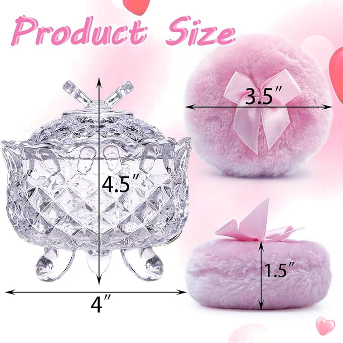4" Glass Dusting Powder Container with 2 Fluffy Puffs,Cute 3.5" Soft Body Powder Puff and Jar Set(Butterfly-clear)