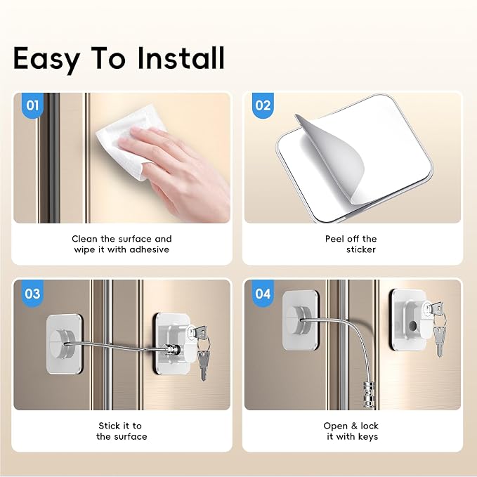 4 Pack Refrigerator Locks with 8 Keys, Child Safety Lock for Fridge Door Locks, Cabinets, Freezer, Desk Drawers, Wardrobes, Closets, Windows-No Tools Need or Drill (Patent)